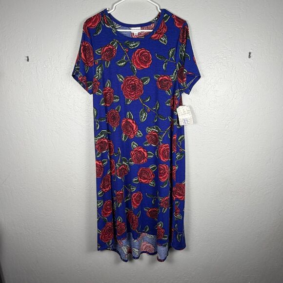 LuLaRoe Dresses & Skirts - LuLaRoe Carly Dress XL Blue Red Rose Floral High Low Swing Midi Stretch Women's